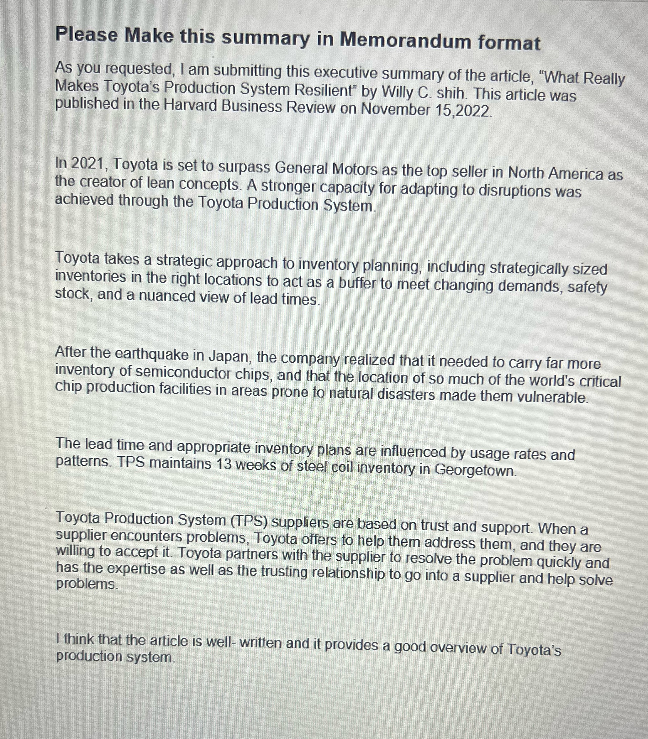 Please Make this summary in Memorandum format As you requested, I am