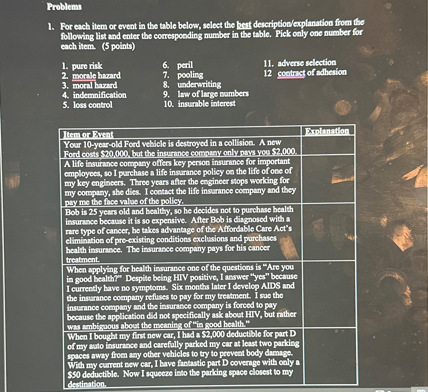 Problems 1. For each item or event in the table below, select