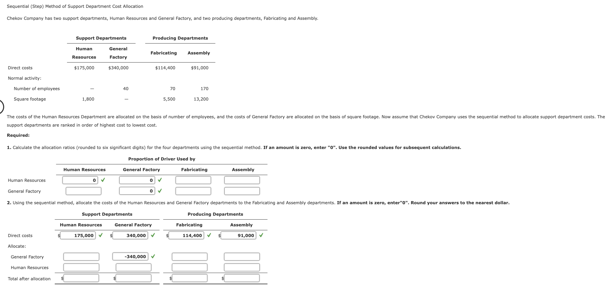 Sequential (Step) Method of Support Department Cost Allocation Chekov Company has two
