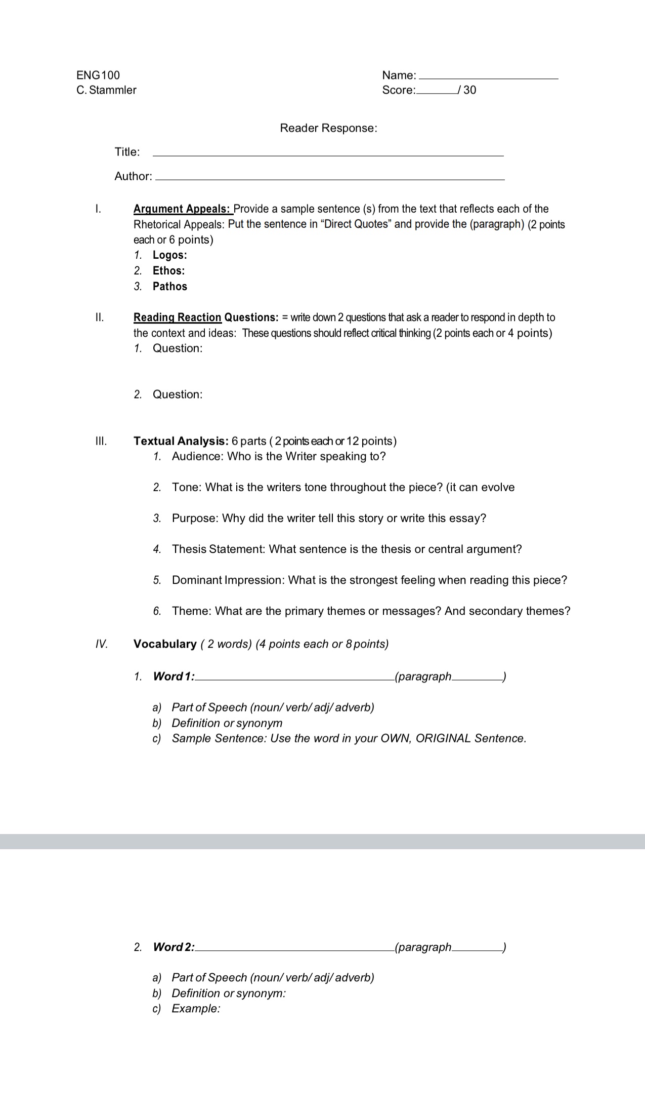 ENG 100 C. Stammler Reader Response: Name: Score: /30 Title: Author: I.