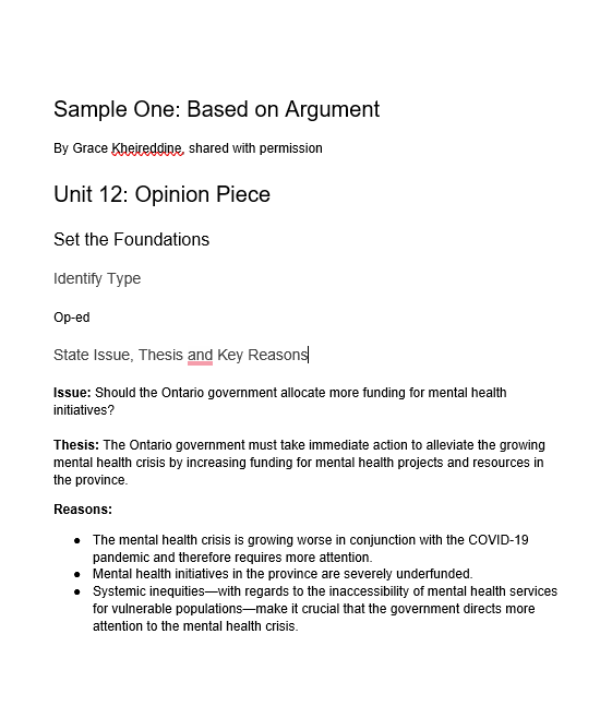 Sample One: Based on Argument By Grace Kheireddine, shared with permission Unit