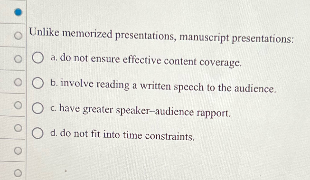 Unlike memorized presentations, manuscript presentations: a. do not ensure effective content coverage.