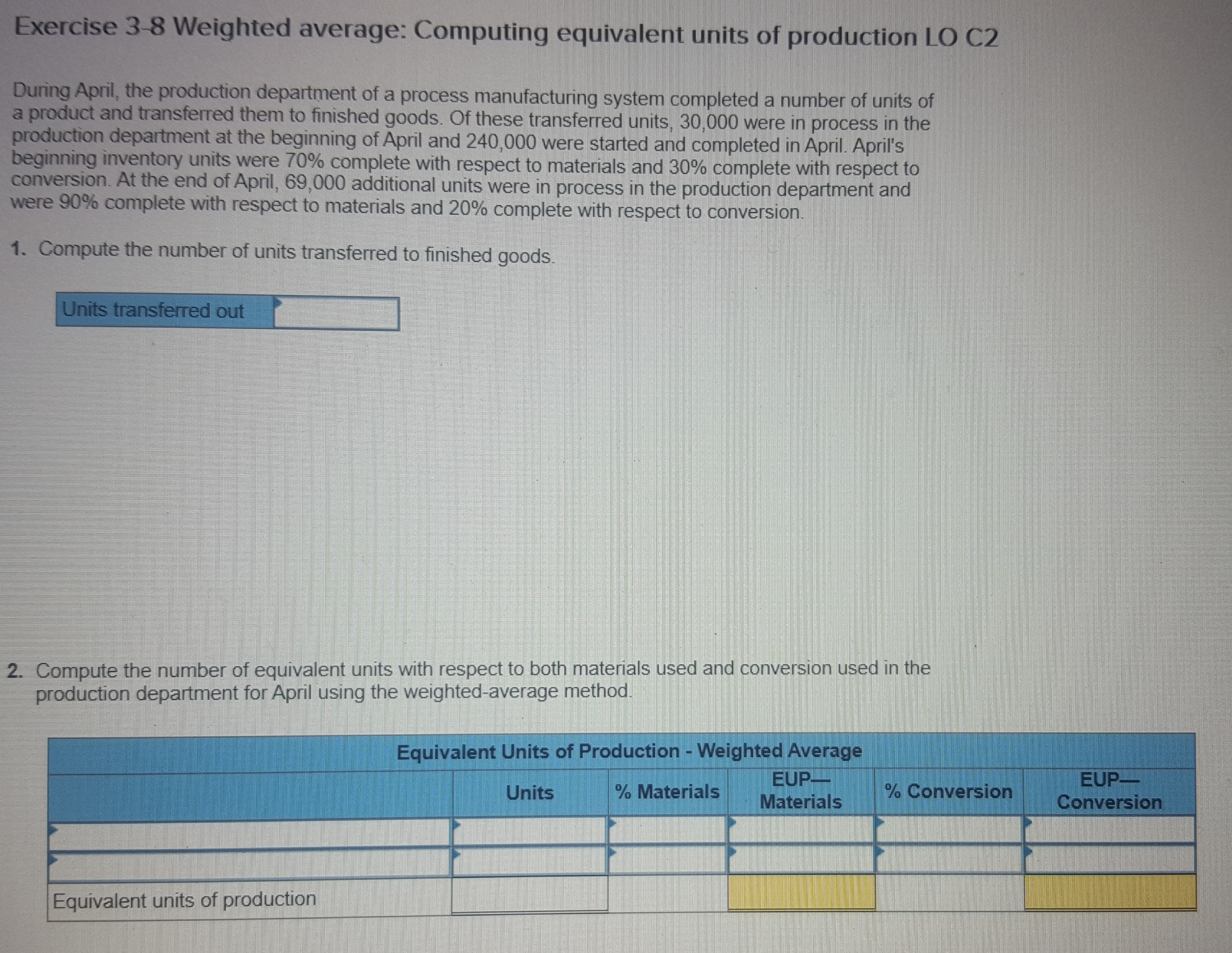 Exercise 3-8 Weighted average: Computing equivalent units of production LO C2 During