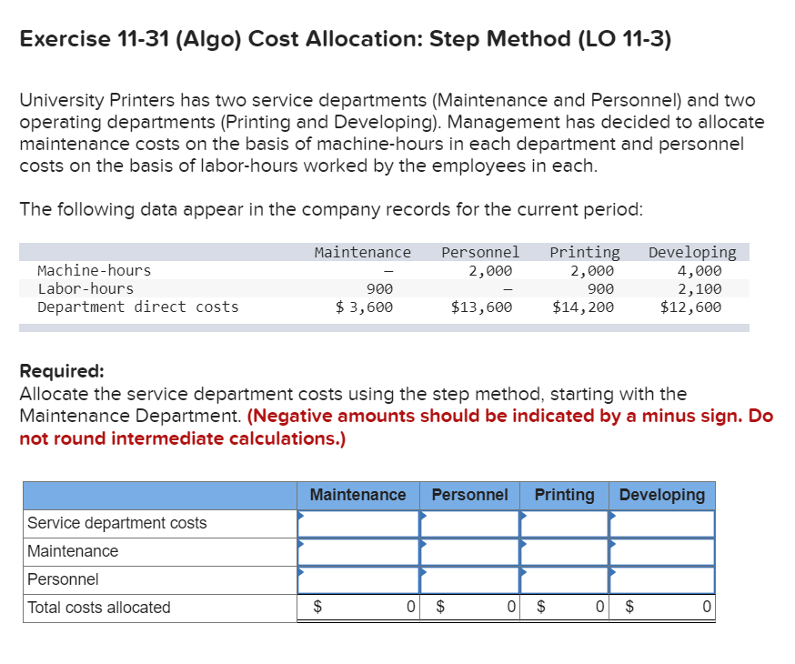 Exercise 11-31 (Algo) Cost Allocation: Step Method (LO 11-3) University Printers has
