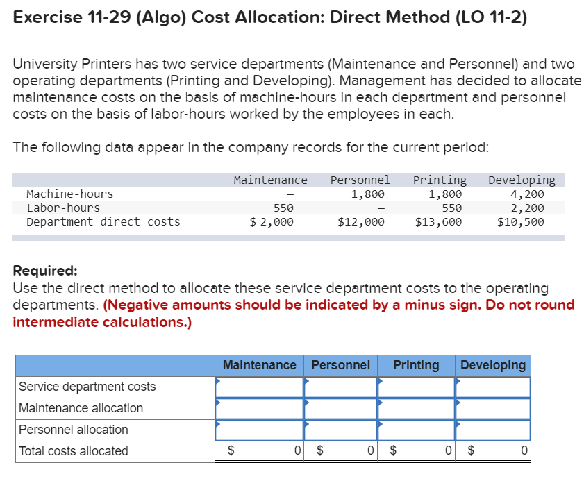 Exercise 11-29 (Algo) Cost Allocation: Direct Method (LO 11-2) University Printers has