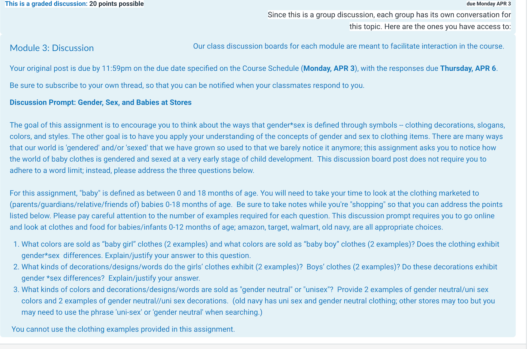 This is a graded discussion: 20 points possible due Monday APR 3