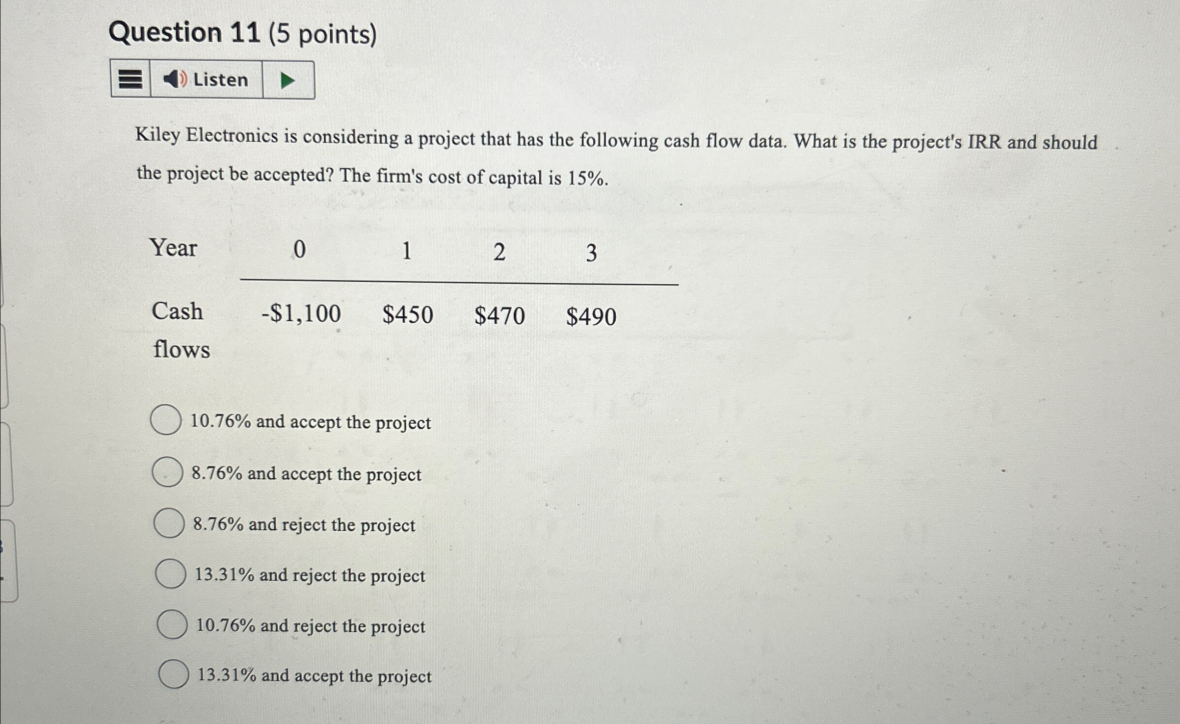 Question 11 (5 points) Listen Kiley Electronics is considering a project that