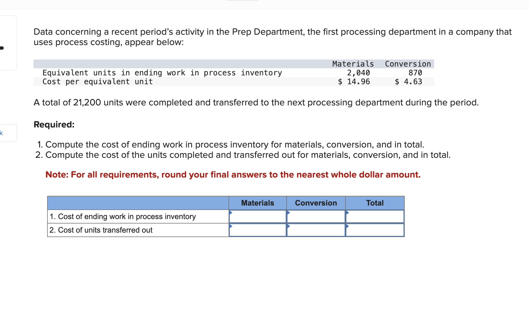 k Data concerning a recent period's activity in the Prep Department, the