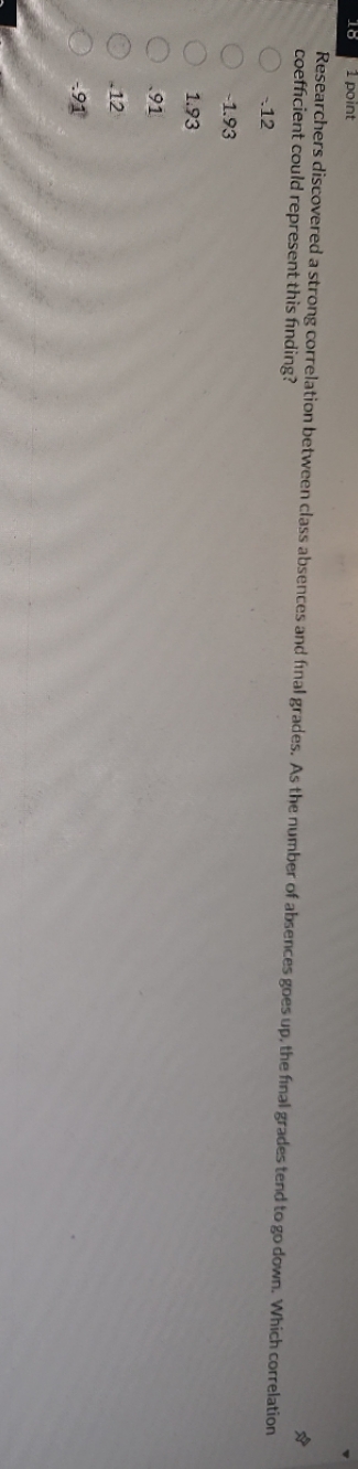 18 1 point Researchers discovered a strong correlation between class absences and