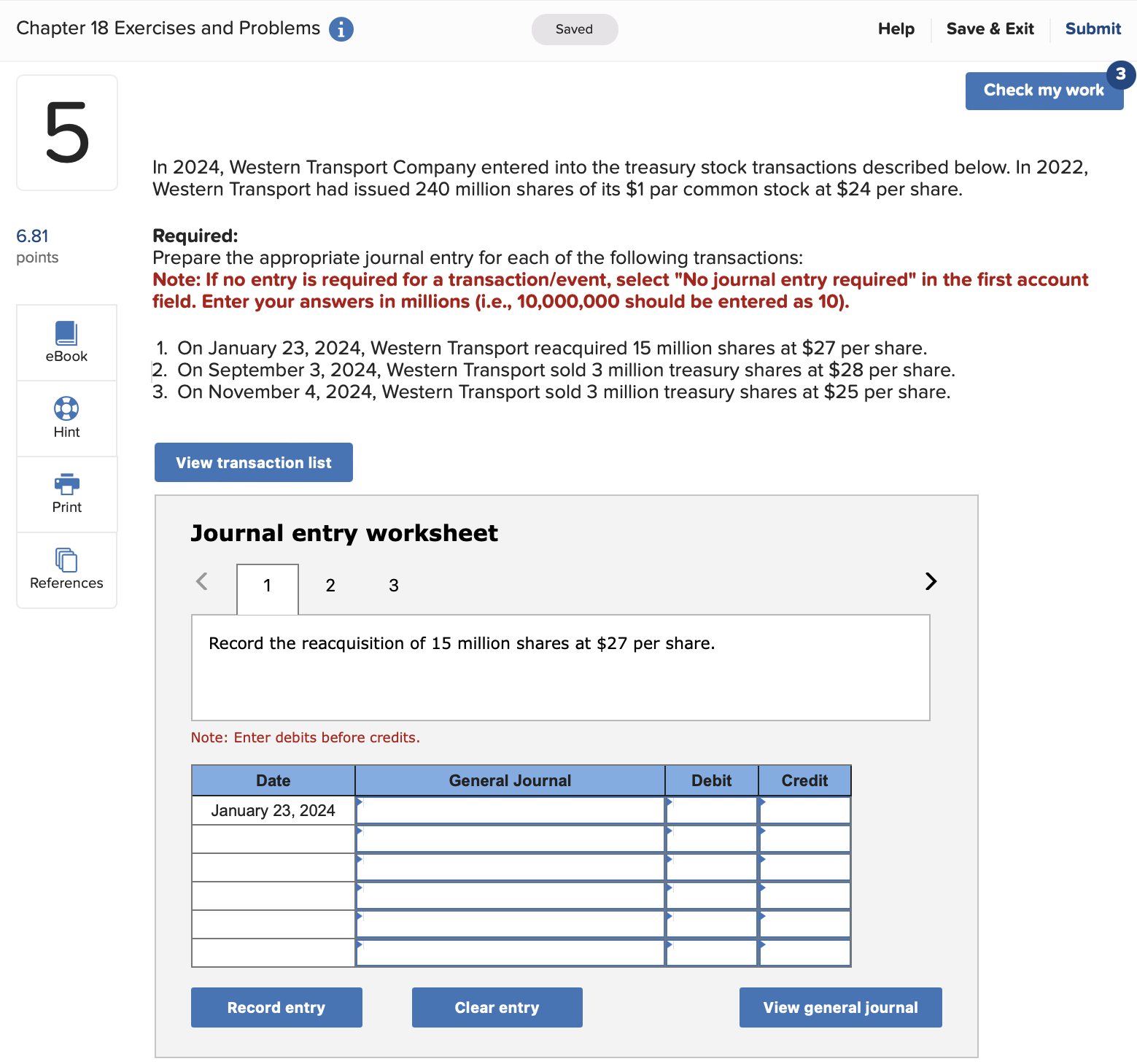 Chapter 18 Exercises and Problems 5 6.81 points Saved Help Save &