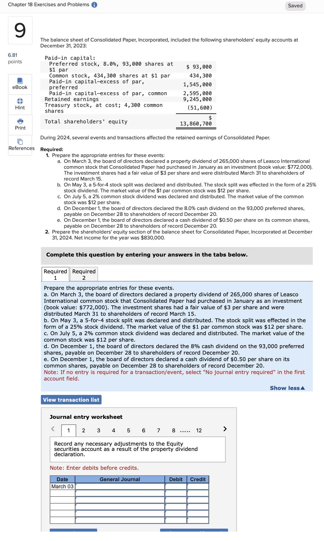 Chapter 18 Exercises and Problems Saved 9 6.81 The balance sheet of