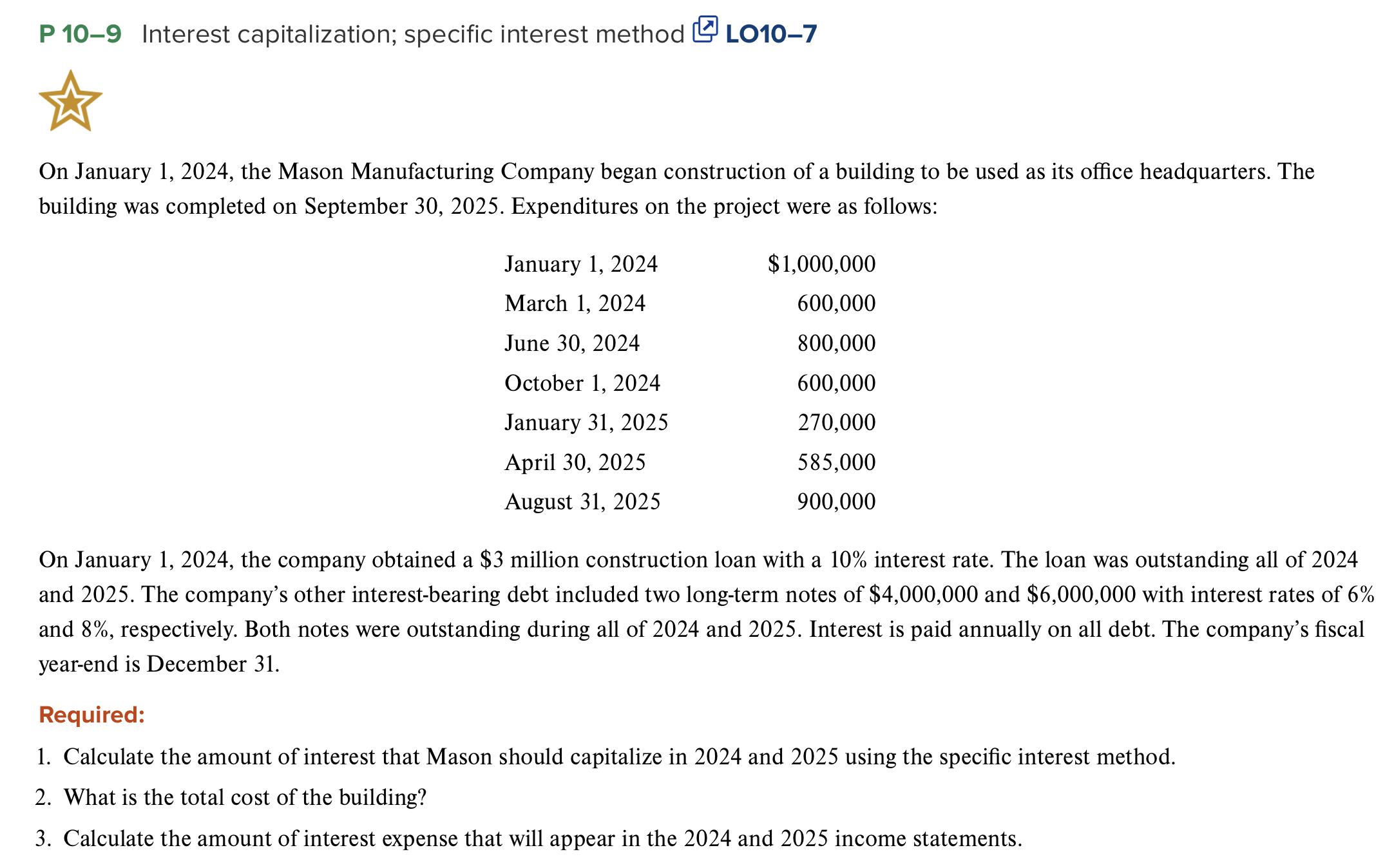 P 10-9 Interest capitalization; specific interest method LO10-7 On January 1, 2024,