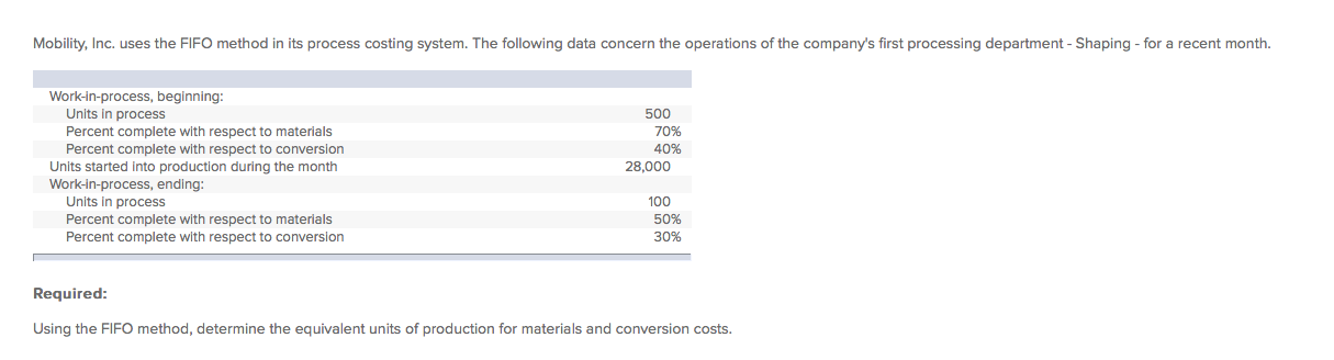Mobility, Inc. uses the FIFO method in its process costing system. The