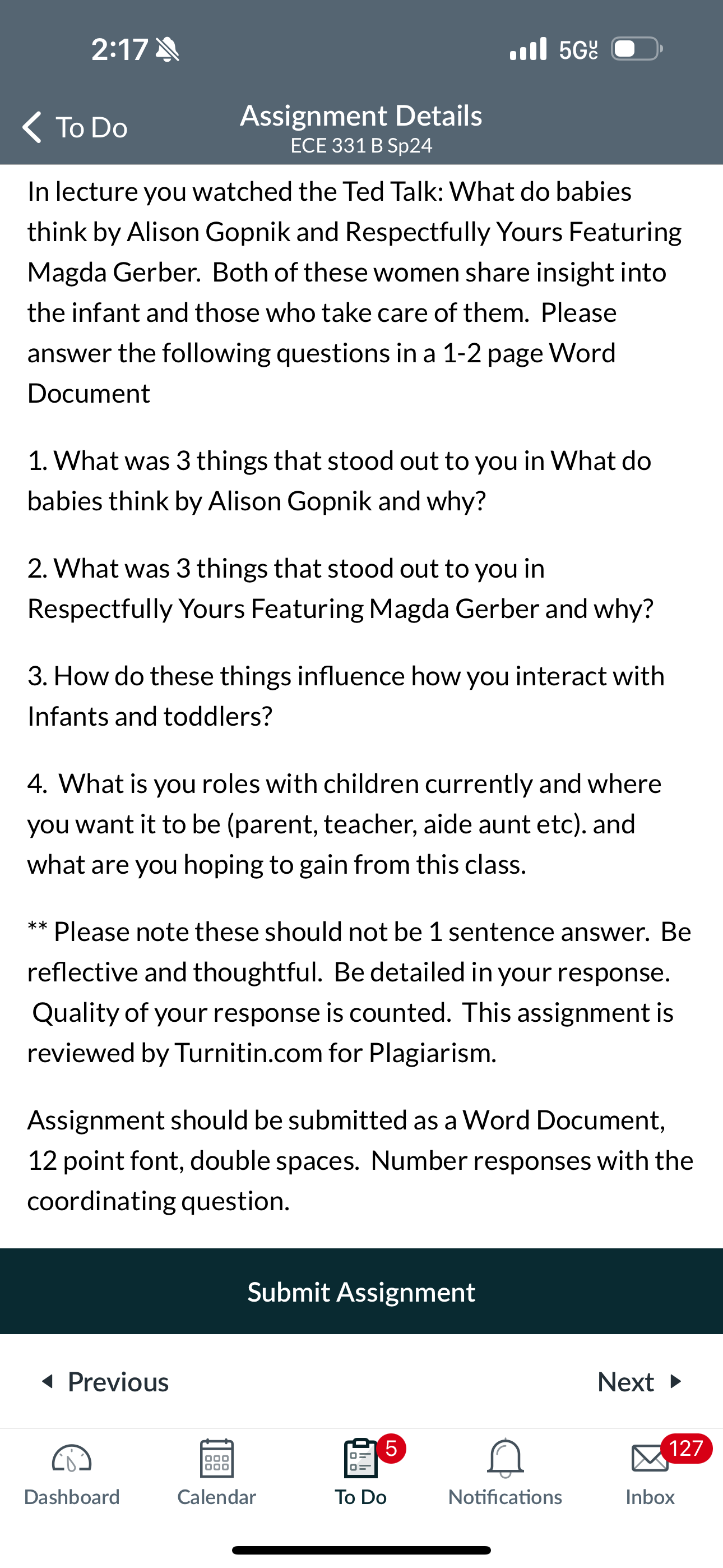 2:17 ll 5G To Do Assignment Details ECE 331 B Sp24 In