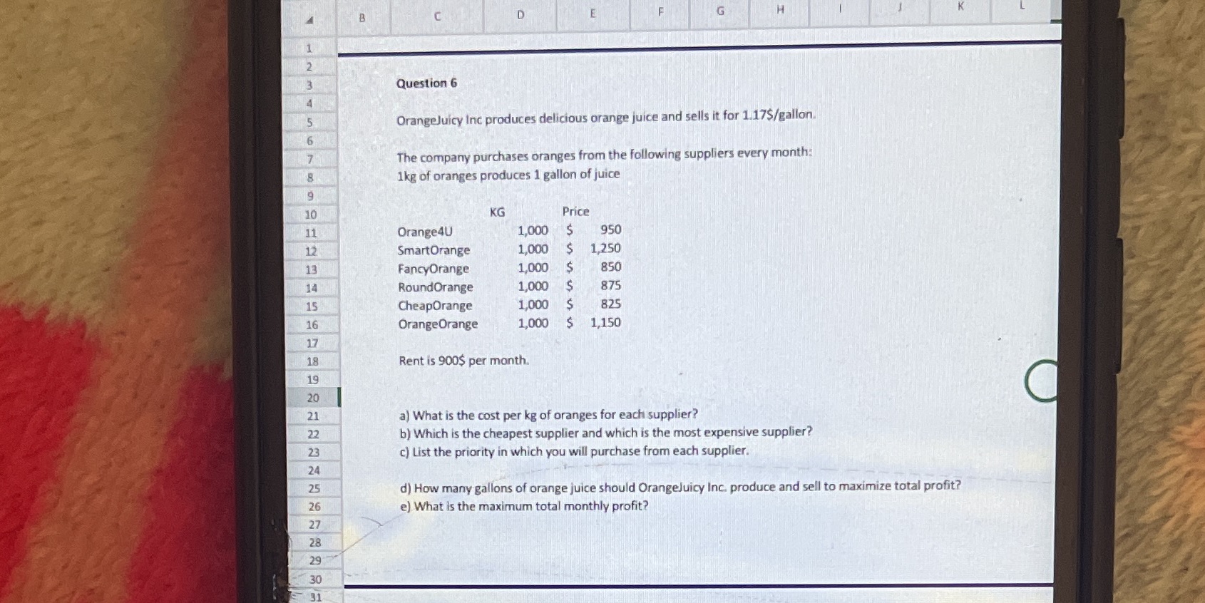 C D E F G H 2 3 Question 6 4 5