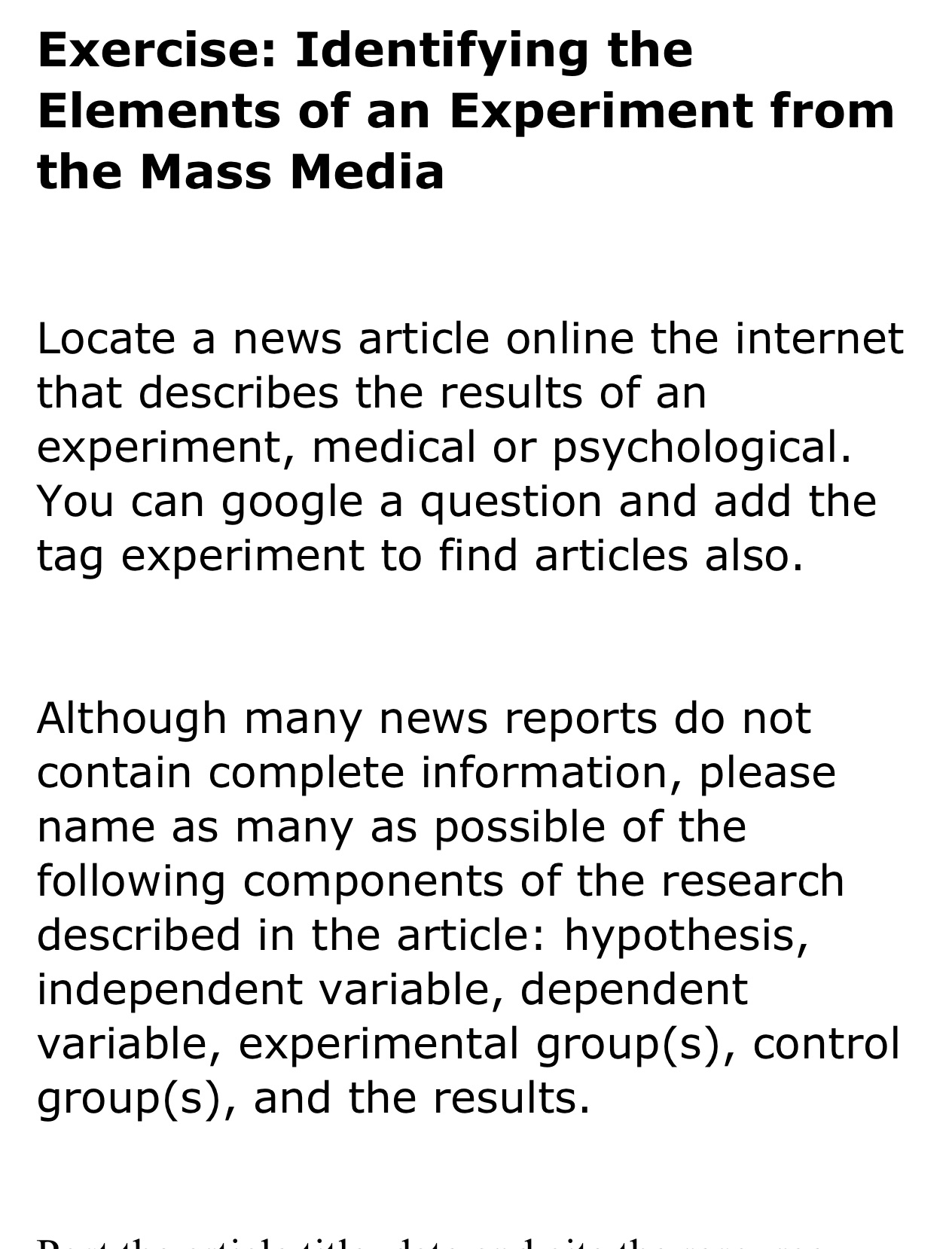 Exercise: Identifying the Elements of an Experiment from the Mass Media Locate