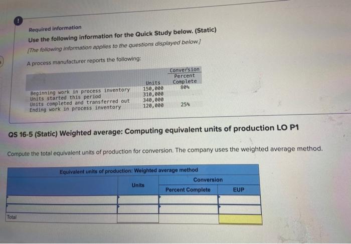 Required information. Use the following information for the Quick Study below. (Static)