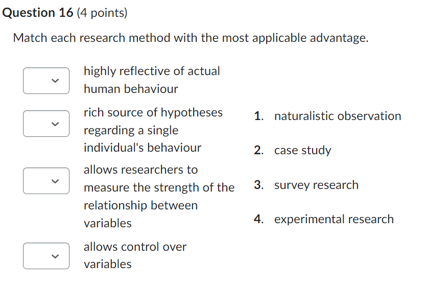 Question 16 (4 points) Match each research method with the most applicable