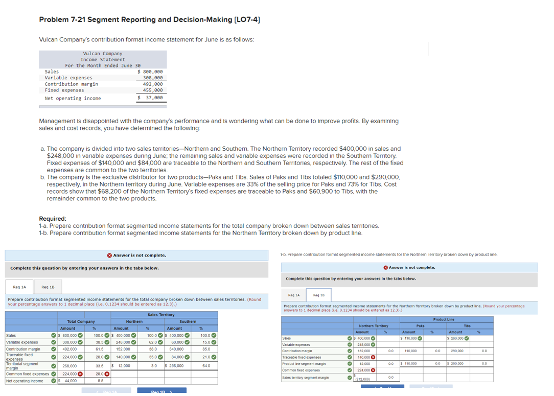 Problem 7-21 Segment Reporting and Decision-Making [LO7-4] Vulcan Company's contribution format income