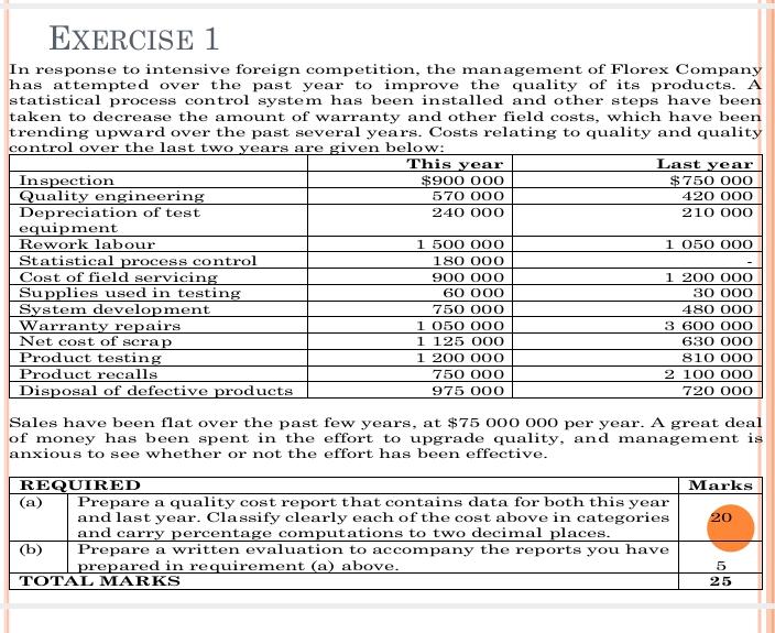 EXERCISE 1 In response to intensive foreign competition, the management of Florex