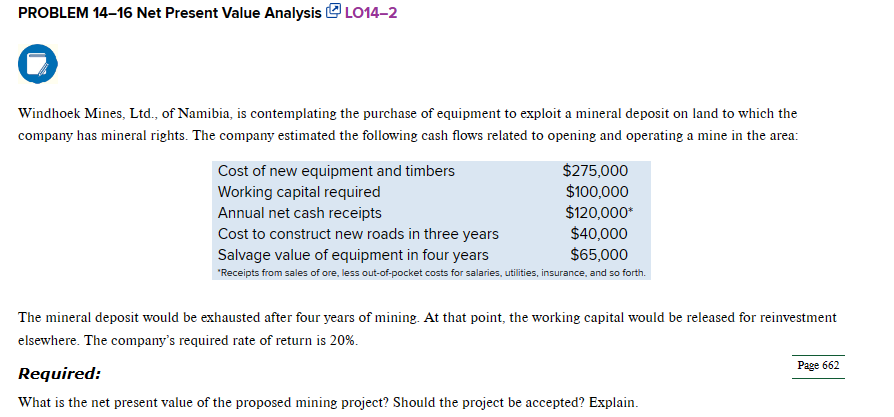 PROBLEM 14-16 Net Present Value Analysis LO14-2 Windhoek Mines, Ltd., of Namibia,
