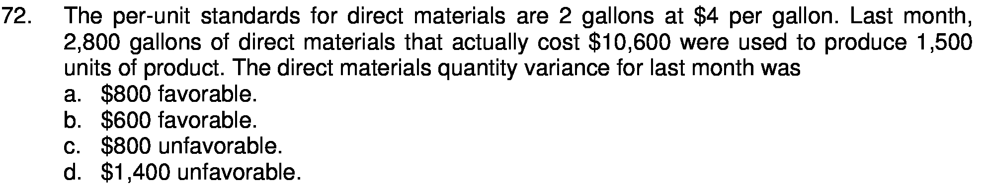 72. The per-unit standards for direct materials are 2 gallons at $4
