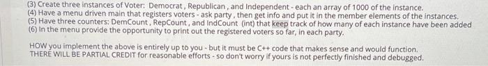 (3) Create three instances of Voter: Democrat, Republican, and Independent - each