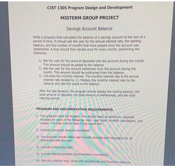 CIST 1305 Program Design and Development MIDTERM GROUP PROJECT Savings Account Balance
