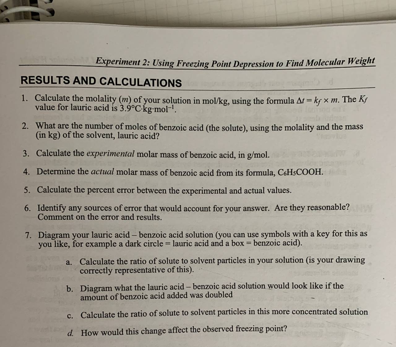 Experiment 2: Using Freezing Point Depression to Find Molecular Weight RESULTS AND