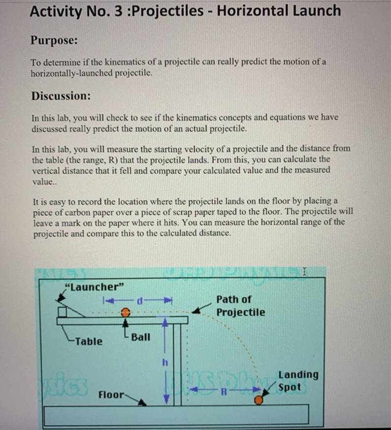 Activity No. 3 :Projectiles - Horizontal Launch Purpose: To determine if the
