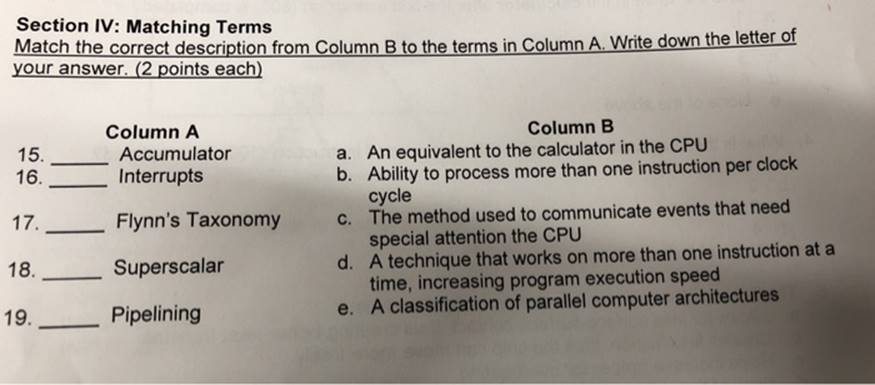 Section IV: Matching Terms Match the correct description from Column B to