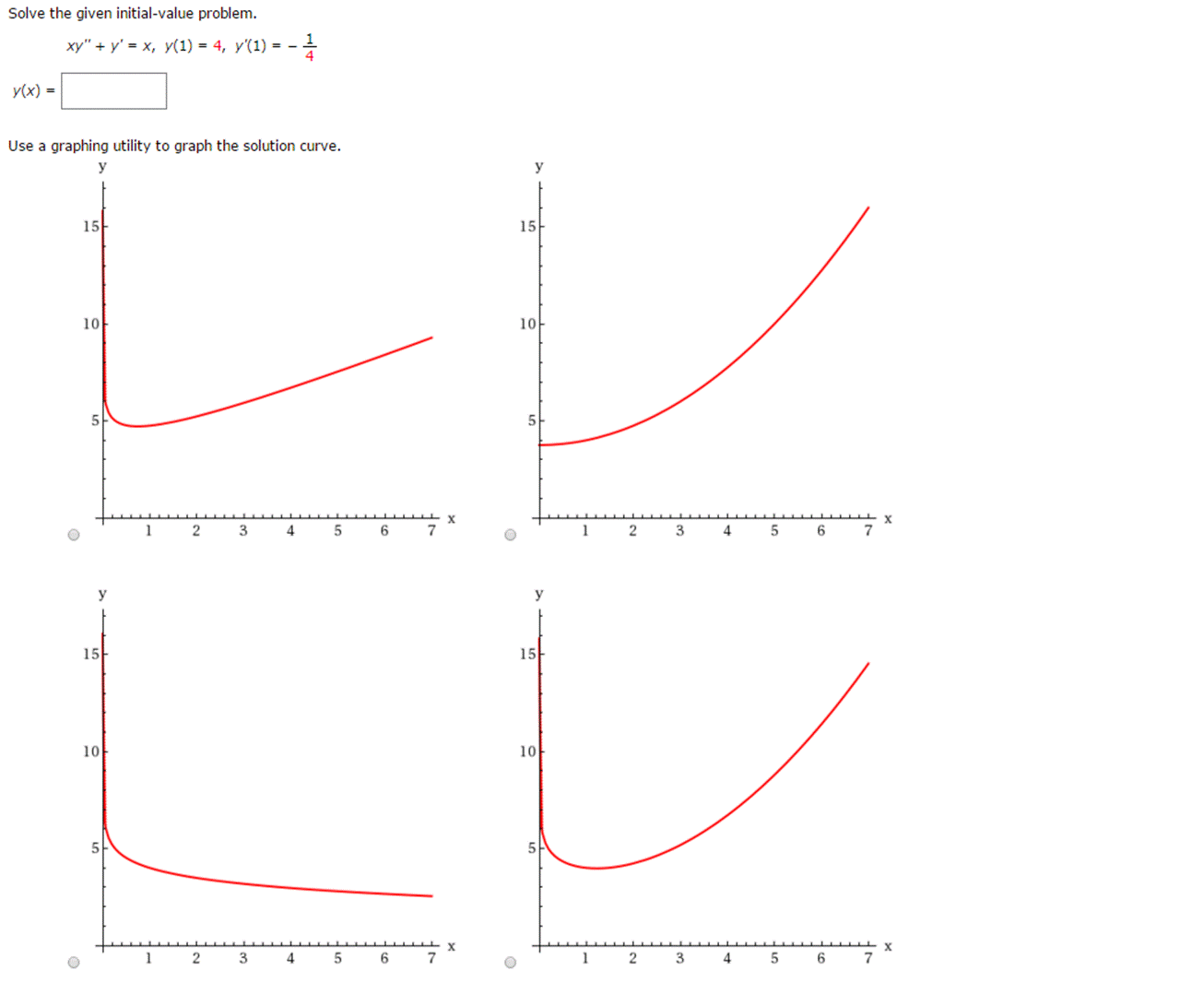 Solve the given initial-value problem. y(x) = xy" + y' = x,