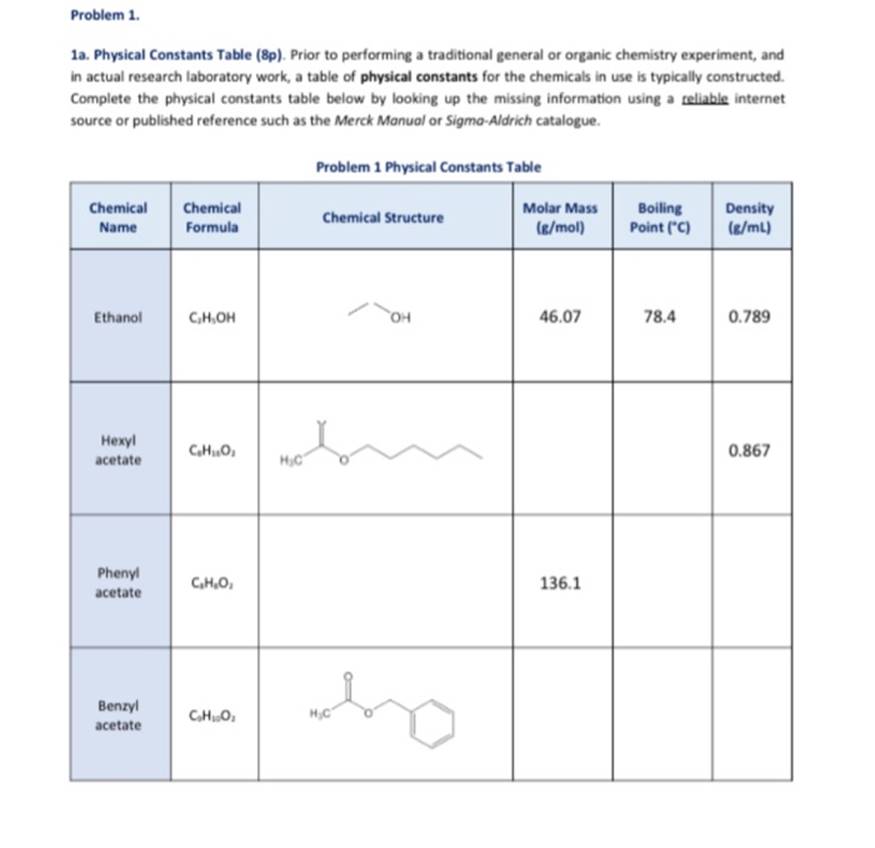 Problem 1. 1a. Physical Constants Table (8p). Prior to performing a traditional