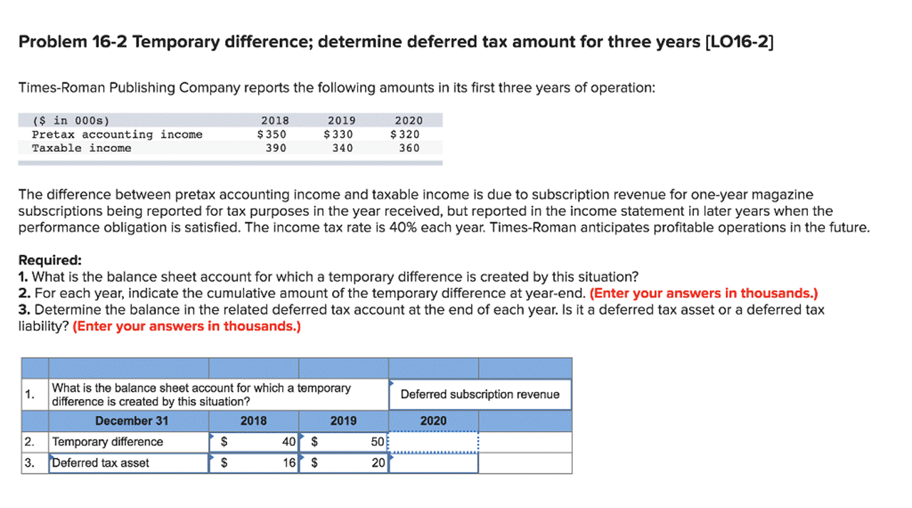 Problem 16-2 Temporary difference; determine deferred tax amount for three years [LO16-2]