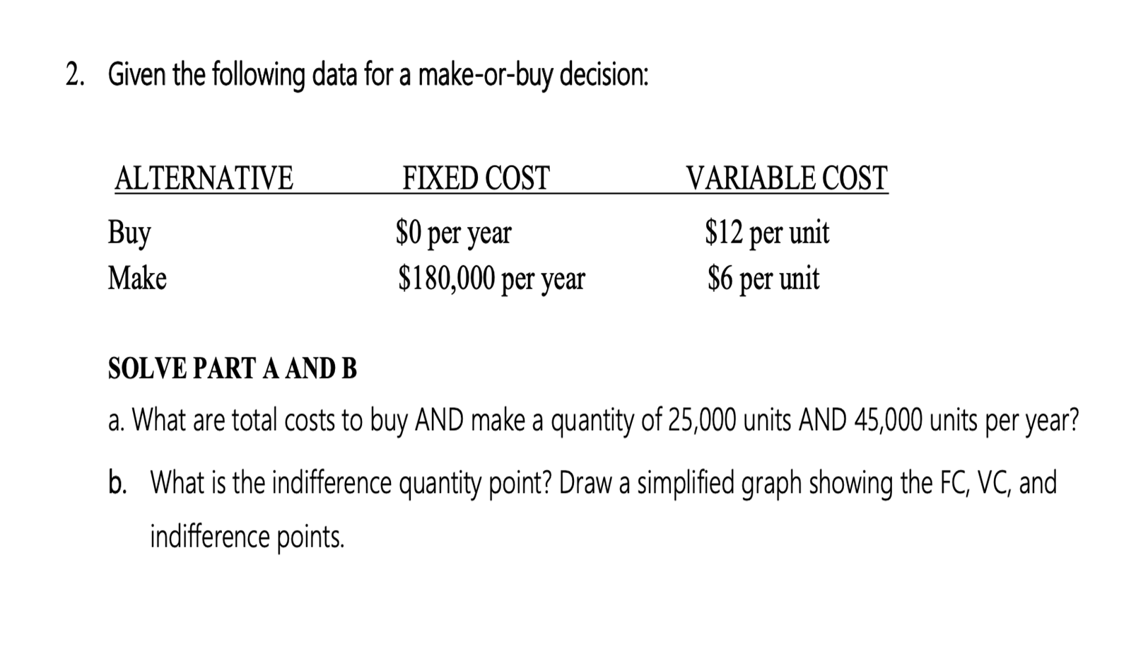 2. Given the following data for a make-or-buy decision: ALTERNATIVE FIXED COST