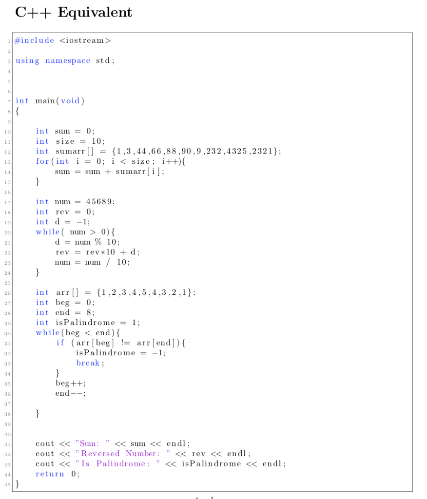 2 C++ Equivalent #include 3 using namespace std; 4 5 6 7int