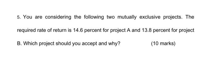 5. You are considering the following two mutually exclusive projects. The required