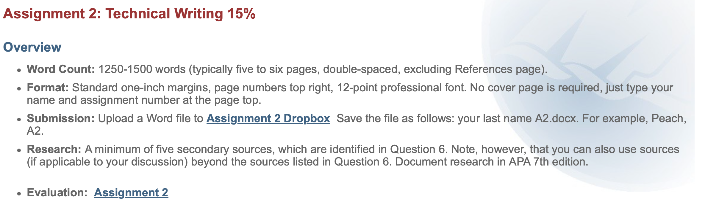 Assignment 2: Technical Writing 15% Overview Word Count: 1250-1500 words (typically five