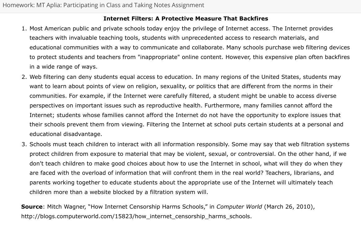 Homework: MT Aplia: Participating in Class and Taking Notes Assignment Internet Filters: