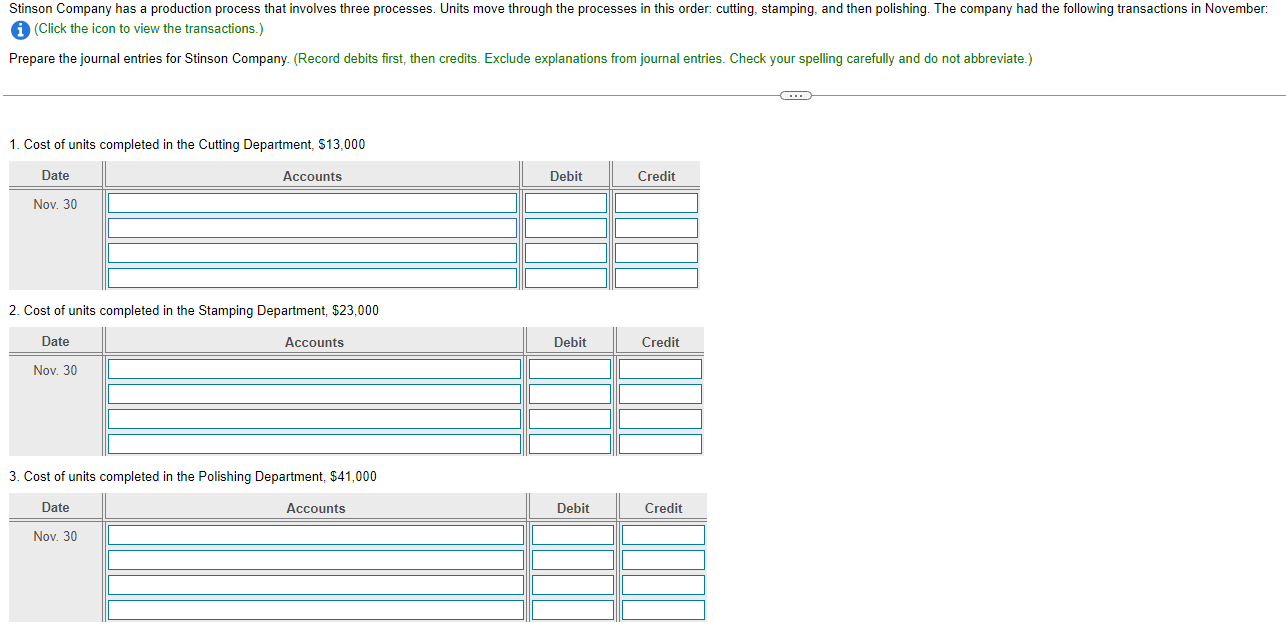Stinson Company has a production process that involves three processes. Units move