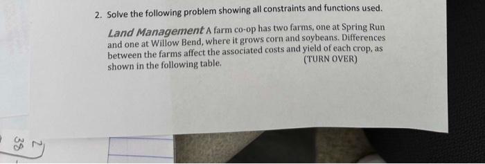 2. Solve the following problem showing all constraints and functions used. Land