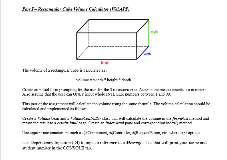 Part I - Rectangular Cube Volume Calculator (WebAPP) width length height The