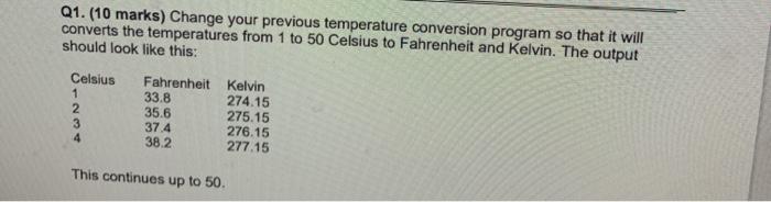 Q1. (10 marks) Change your previous temperature conversion program so that it
