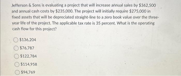 Jefferson & Sons is evaluating a project that will increase annual sales