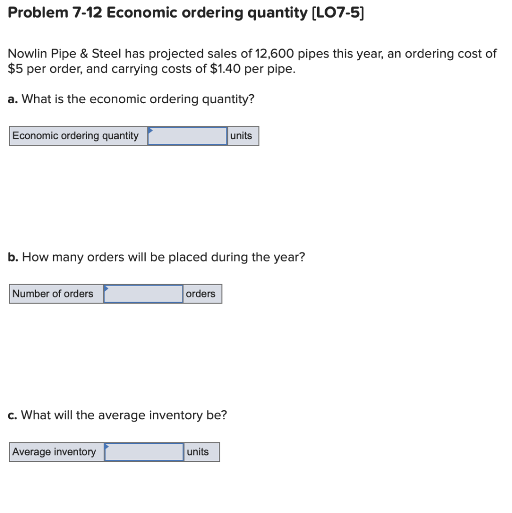 Problem 7-12 Economic ordering quantity [LO7-5] Nowlin Pipe & Steel has projected