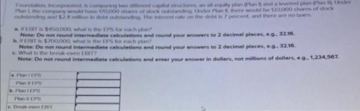 Foundation, Incorporated, in comparing two different capital structures, an all equity plan