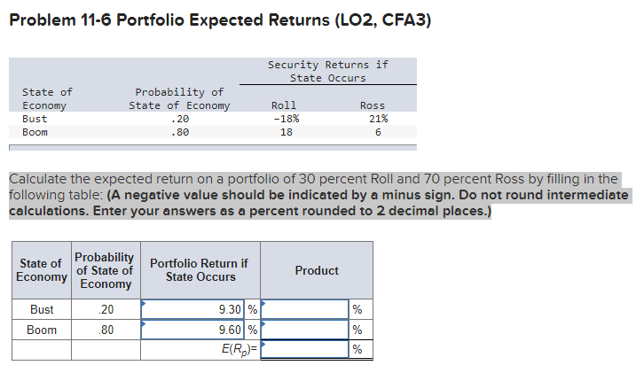 Problem 11-6 Portfolio Expected Returns (LO2, CFA3) Security Returns if State Occurs