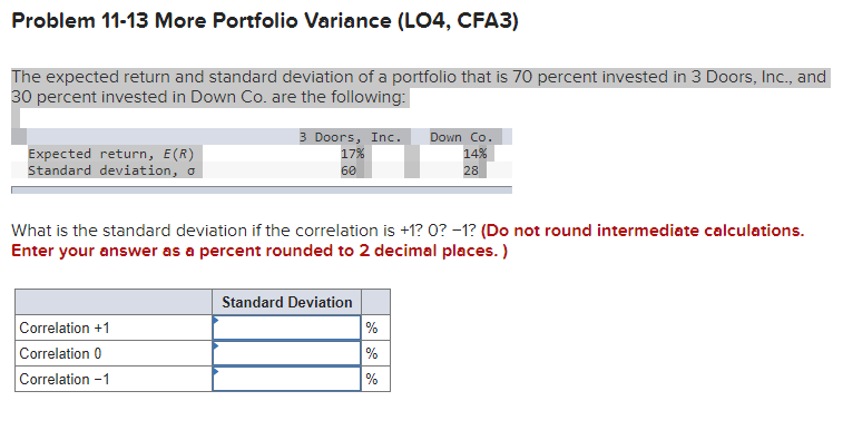 Problem 11-13 More Portfolio Variance (LO4, CFA3) The expected return and standard