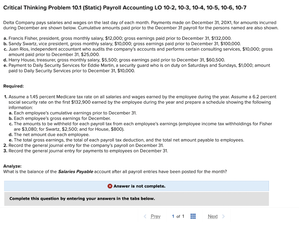 Critical Thinking Problem 10.1 (Static) Payroll Accounting LO 10-2, 10-3, 10-4, 10-5,