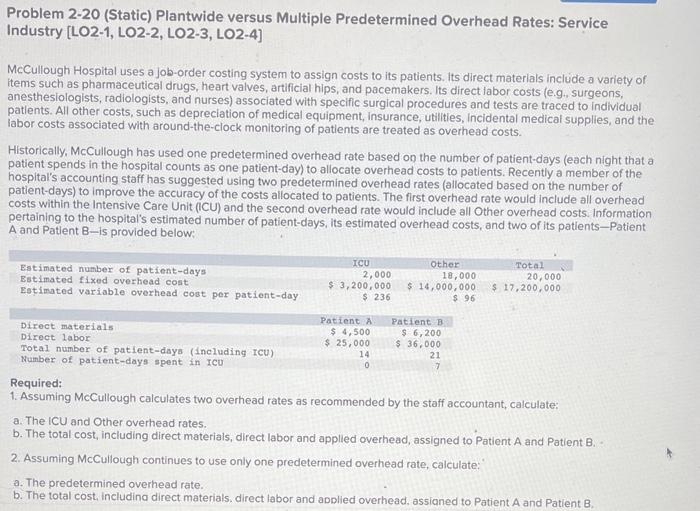 Problem 2-20 (Static) Plantwide versus Multiple Predetermined Overhead Rates: Service Industry [LO2-1,